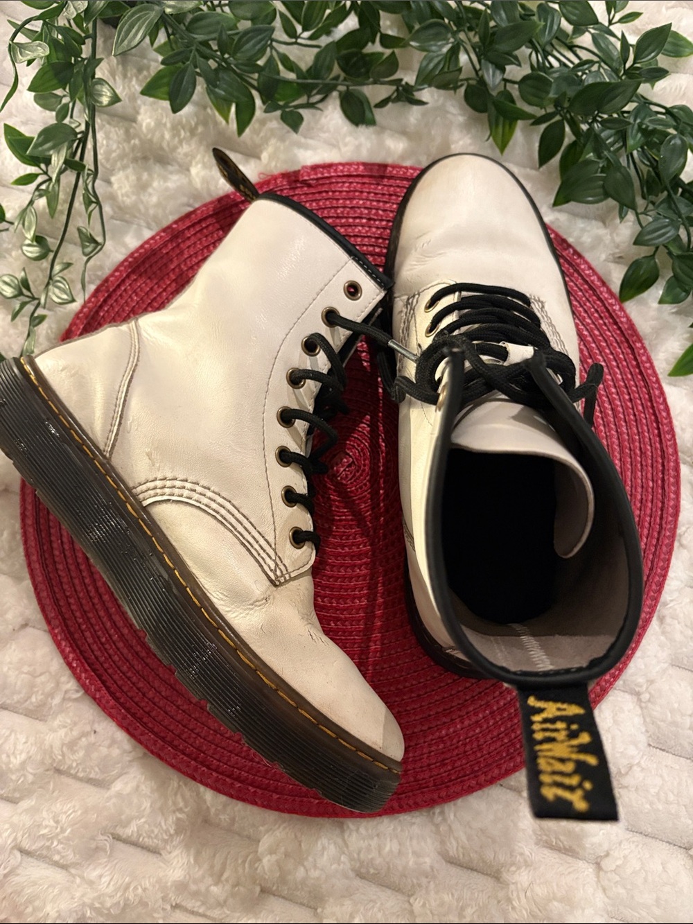 Dr. Martens White Leather Lace-Up Combat Boots with Black Trim